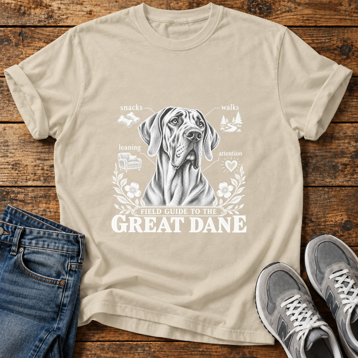 Great Dane Guide graphic T-shirt in Sand, shown on a flat-lay shirt mockup