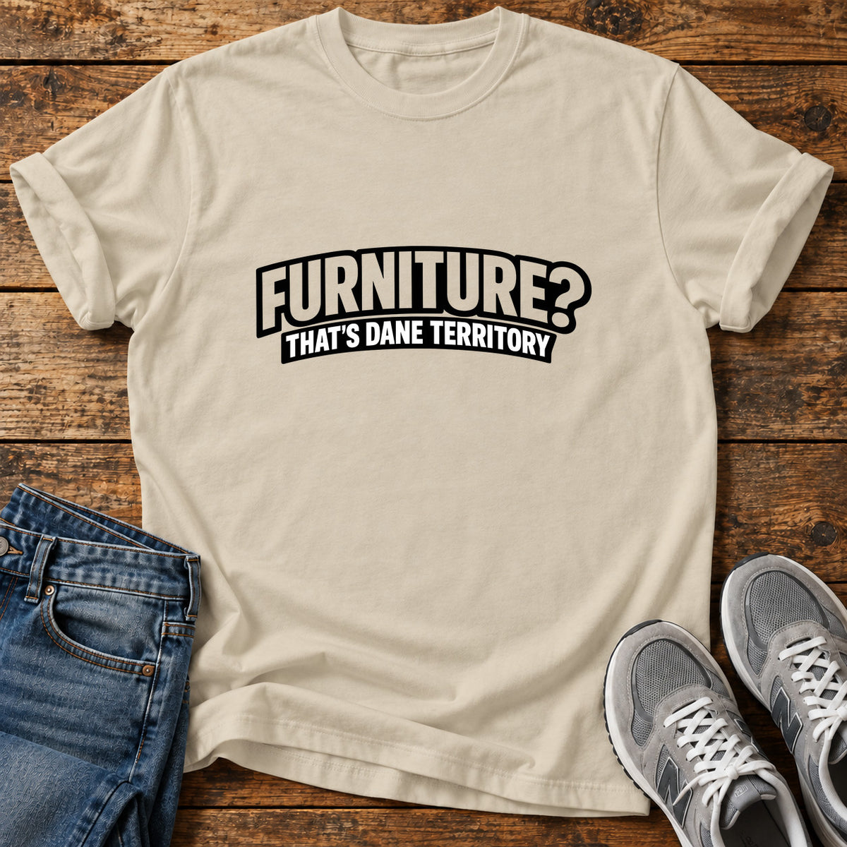 Furniture Dane Territory Great Dane graphic T-shirt in Sand, shown on a flat-lay shirt mockup