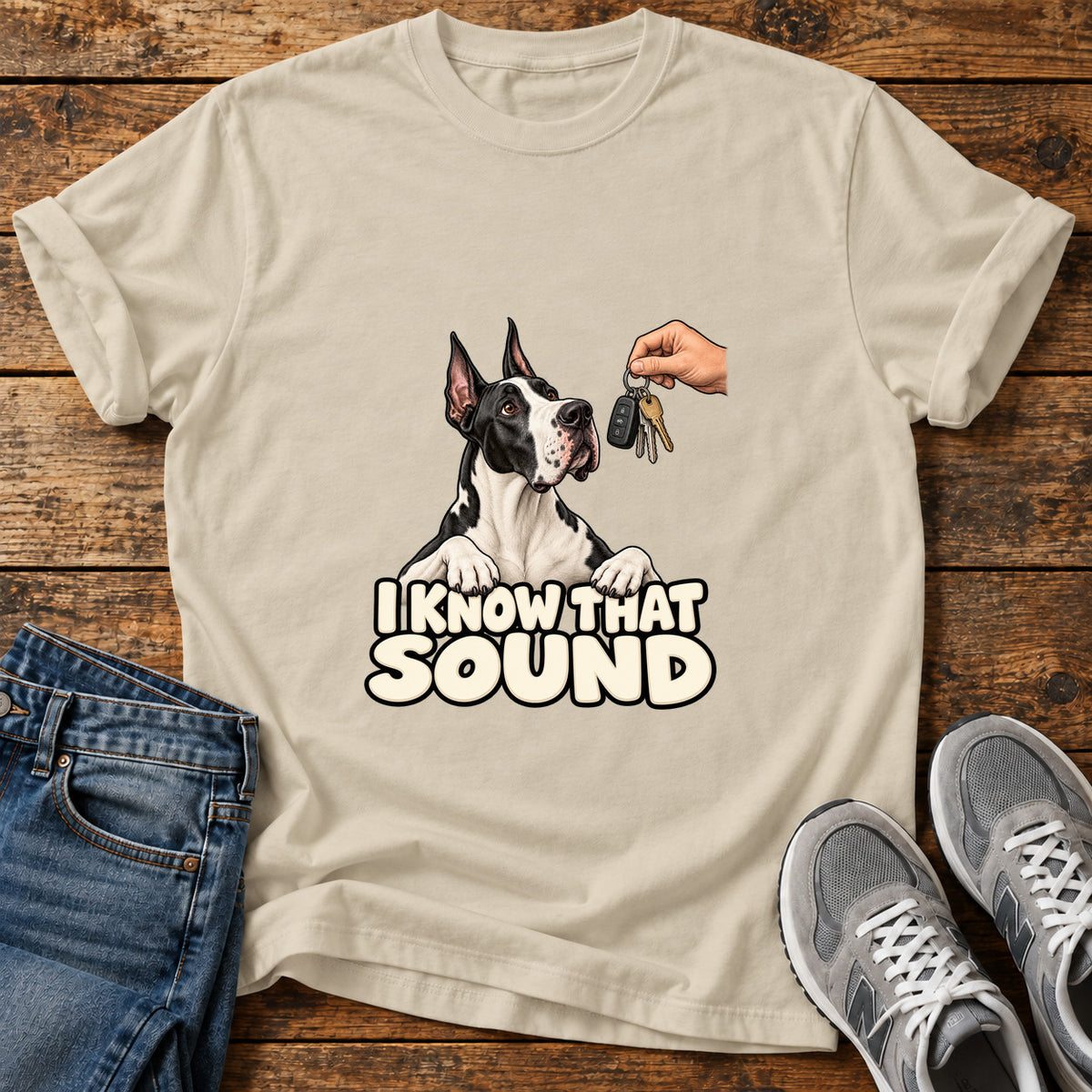 I Know Sound Great Dane graphic T-shirt in Sand, shown on a flat-lay shirt mockup
