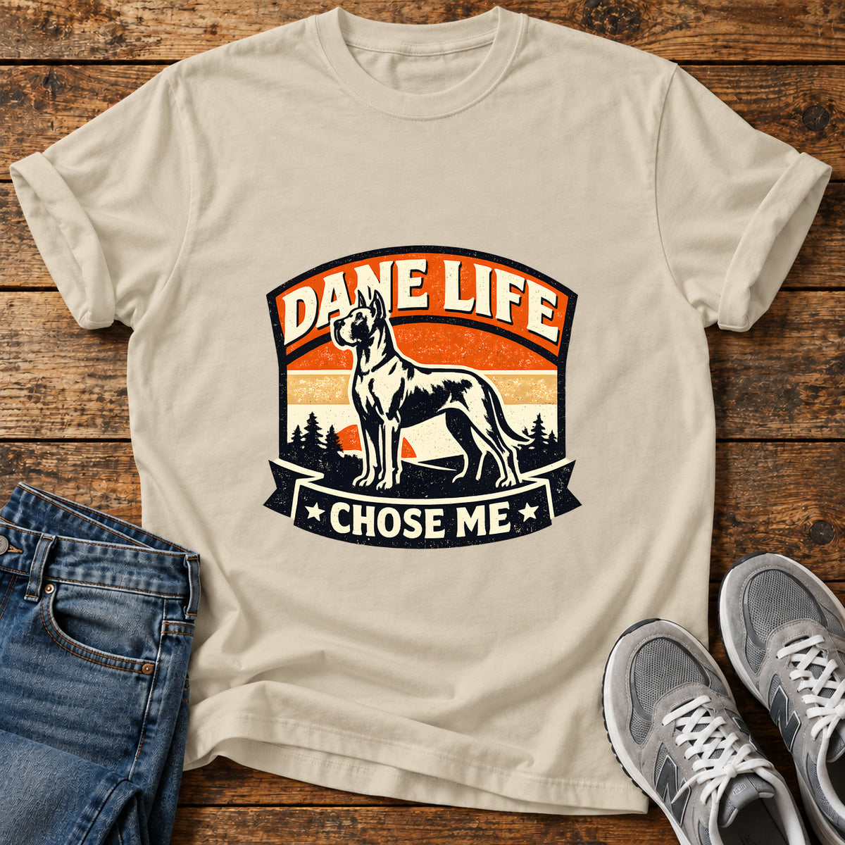 Dane Life Great Dane graphic T-shirt in Sand, shown on a flat-lay shirt mockup