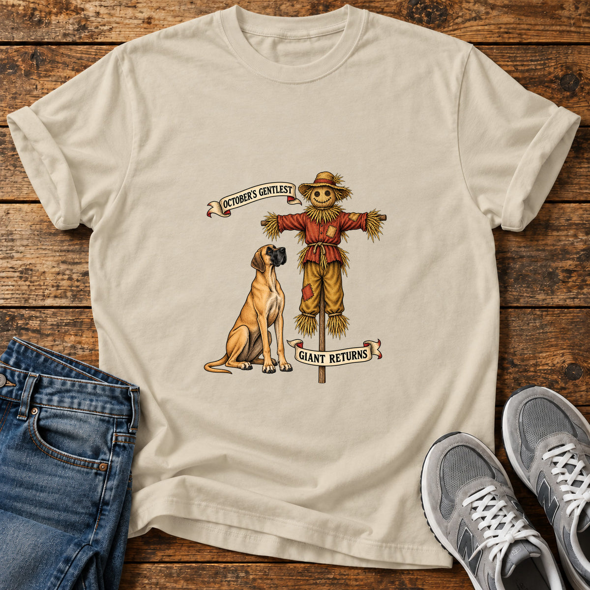 October's Gentlest Great Dane graphic T-shirt in Sand, shown on a flat-lay shirt mockup