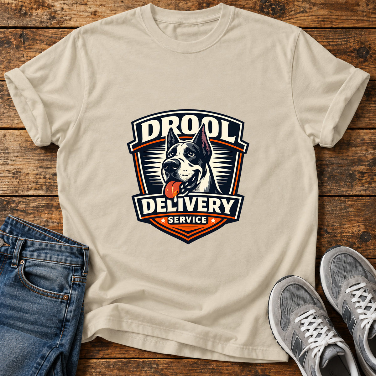 Drool Delivery Service Great Dane graphic T-shirt in Sand, shown on a flat-lay shirt mockup