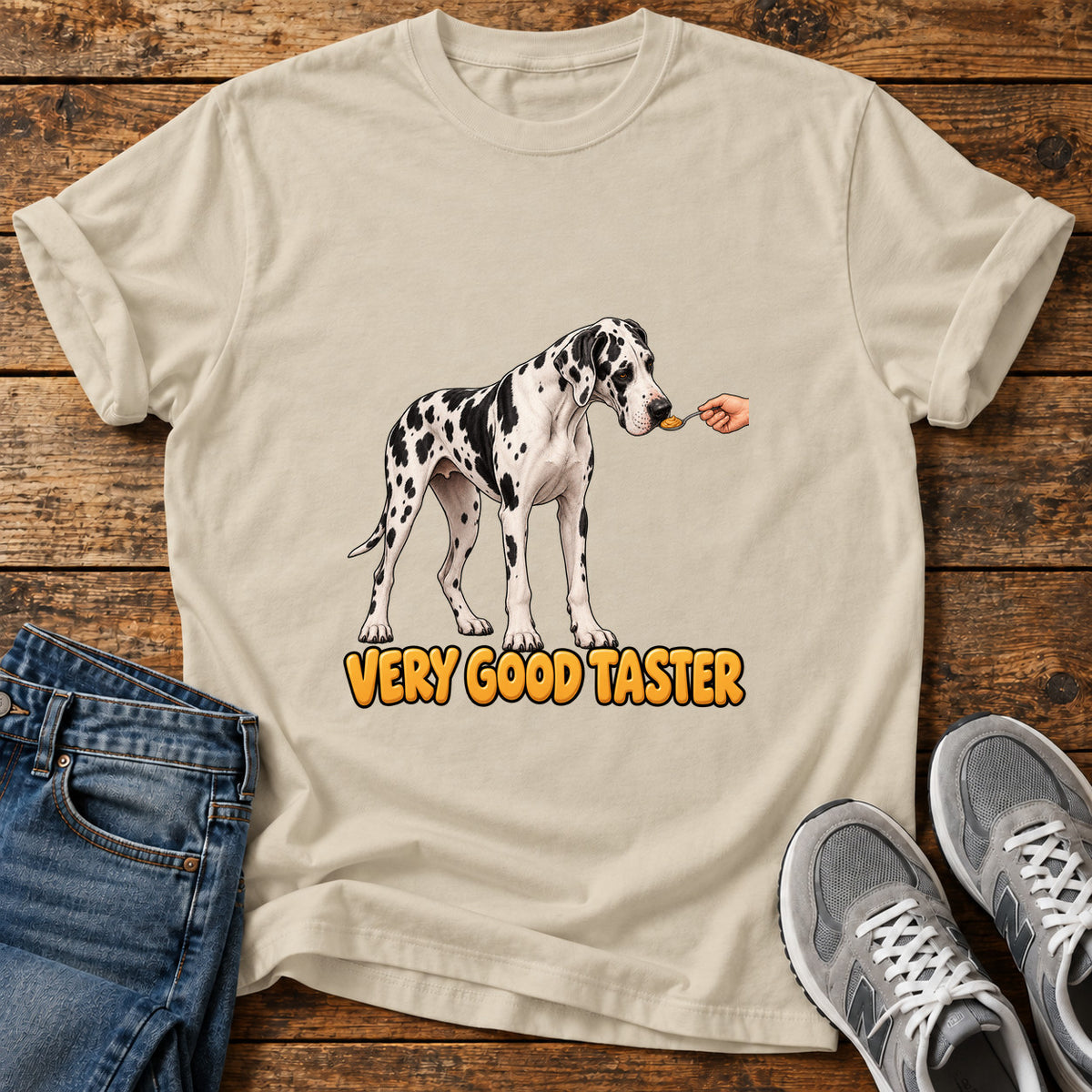 Very Good Taster Great Dane graphic T-shirt in Sand, shown on a flat-lay shirt mockup