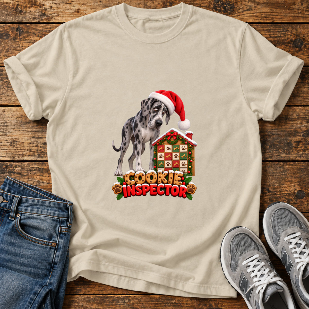 Cookie Inspector Great Dane graphic T-shirt in Sand, shown on a flat-lay shirt mockup