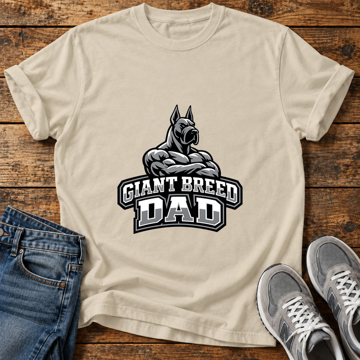 Giant Breed Dad Great Dane graphic T-shirt in Sand, shown on a flat-lay shirt mockup