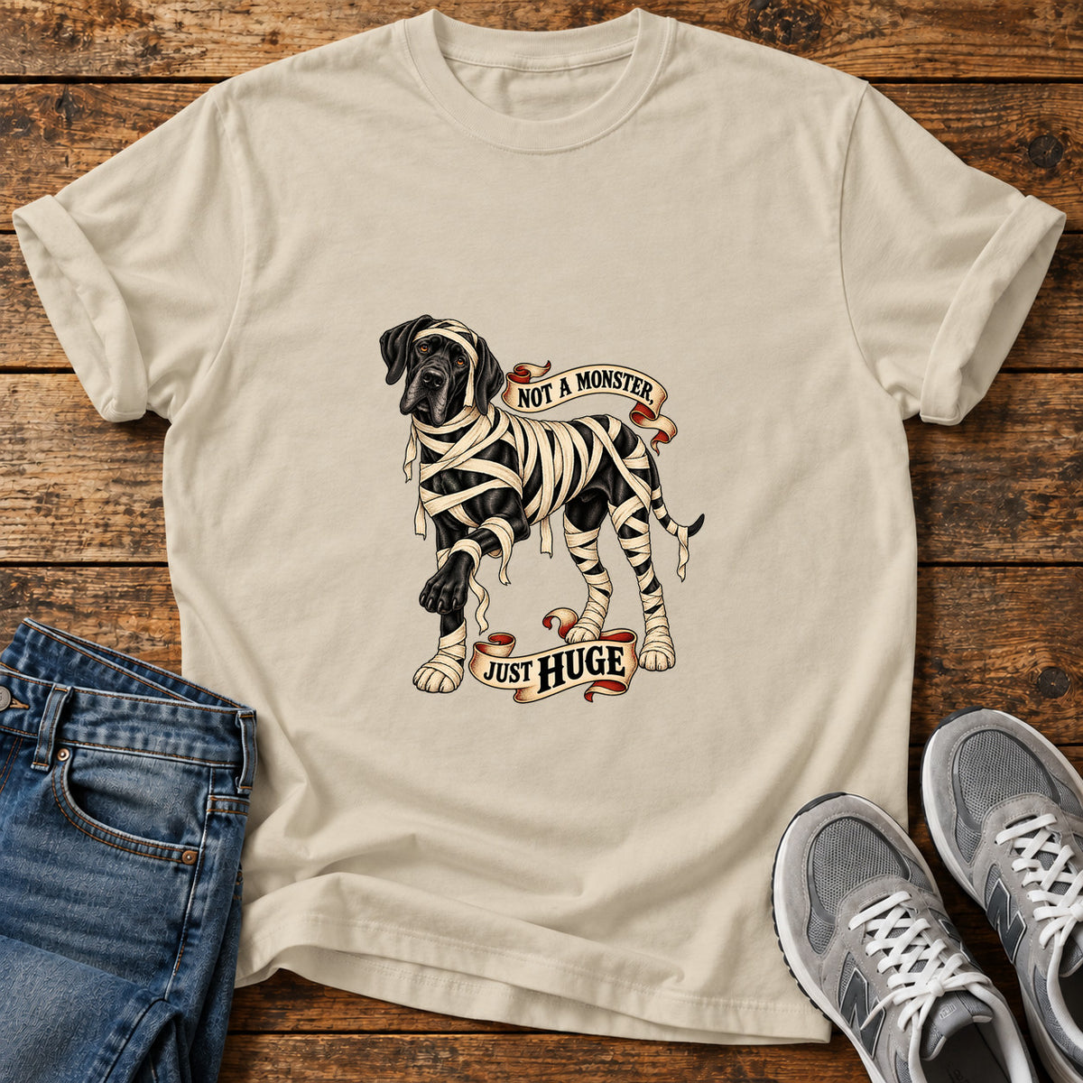 Not A Monster Great Dane graphic T-shirt in Sand, shown on a flat-lay shirt mockup