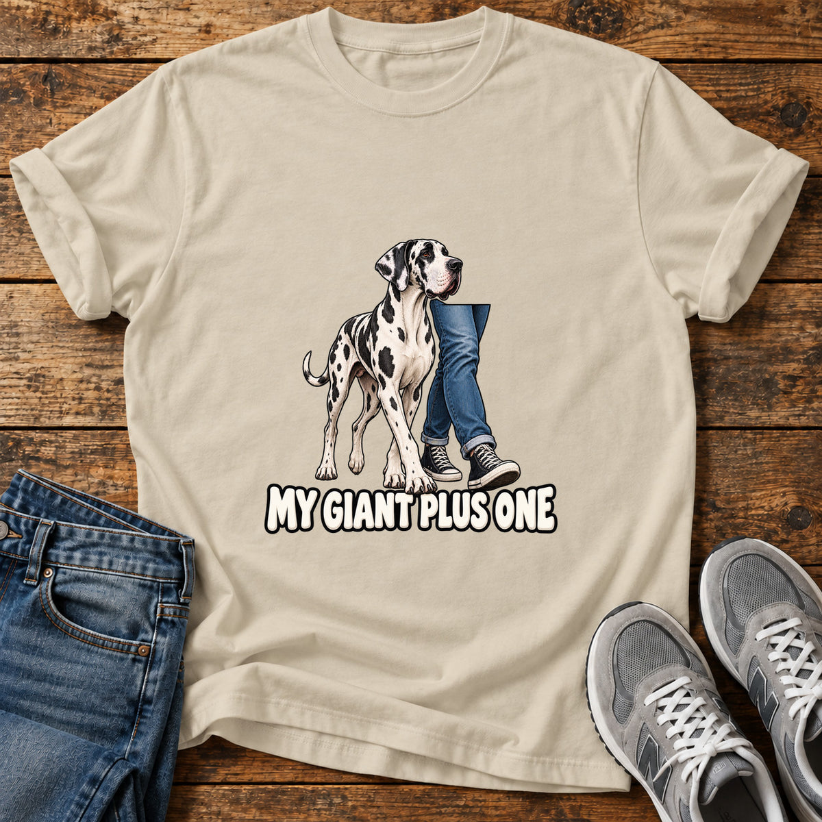 My Giant Plus Great Dane graphic T-shirt in Sand, shown on a flat-lay shirt mockup