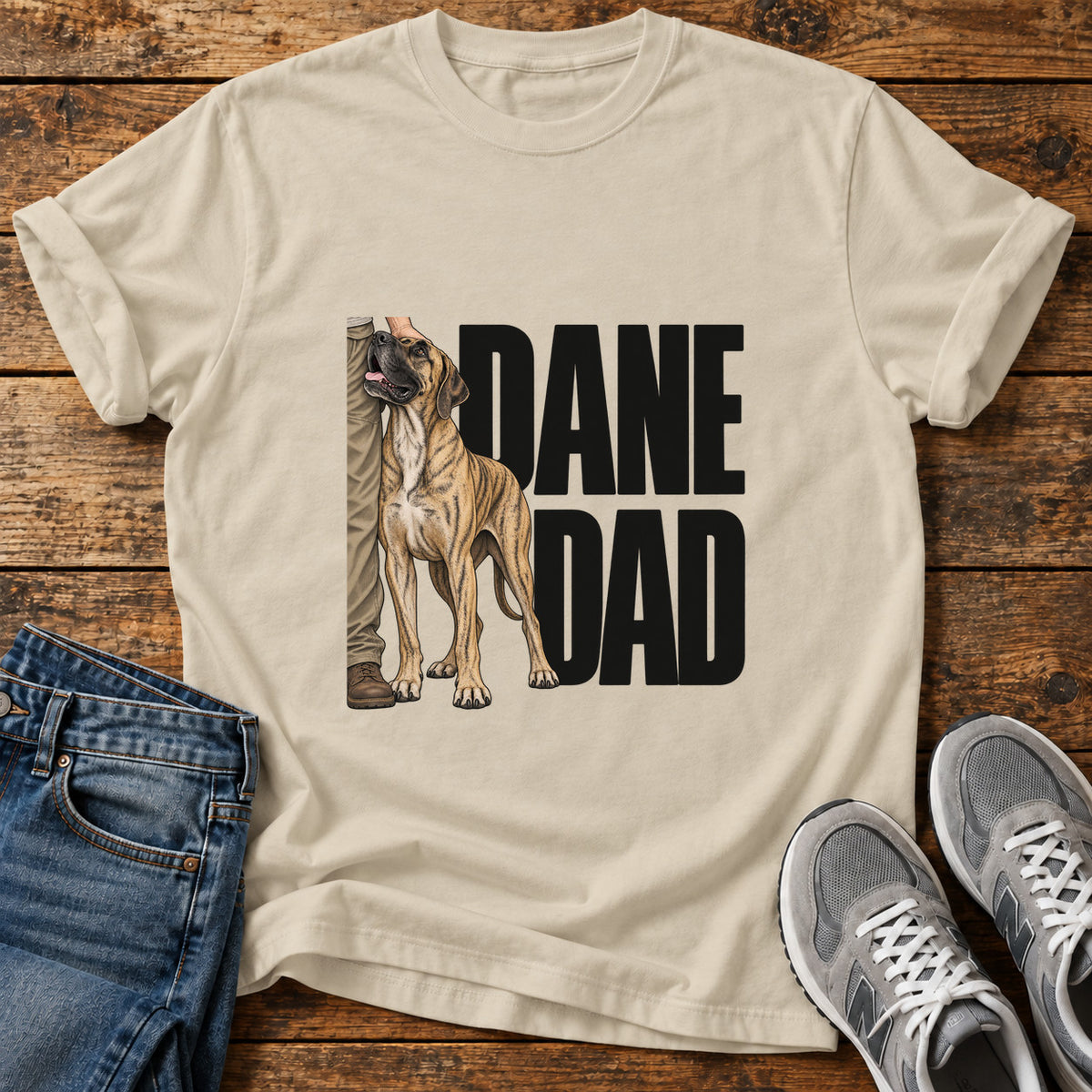 Dane Dad Great Dane graphic T-shirt in Sand, shown on a flat-lay shirt mockup