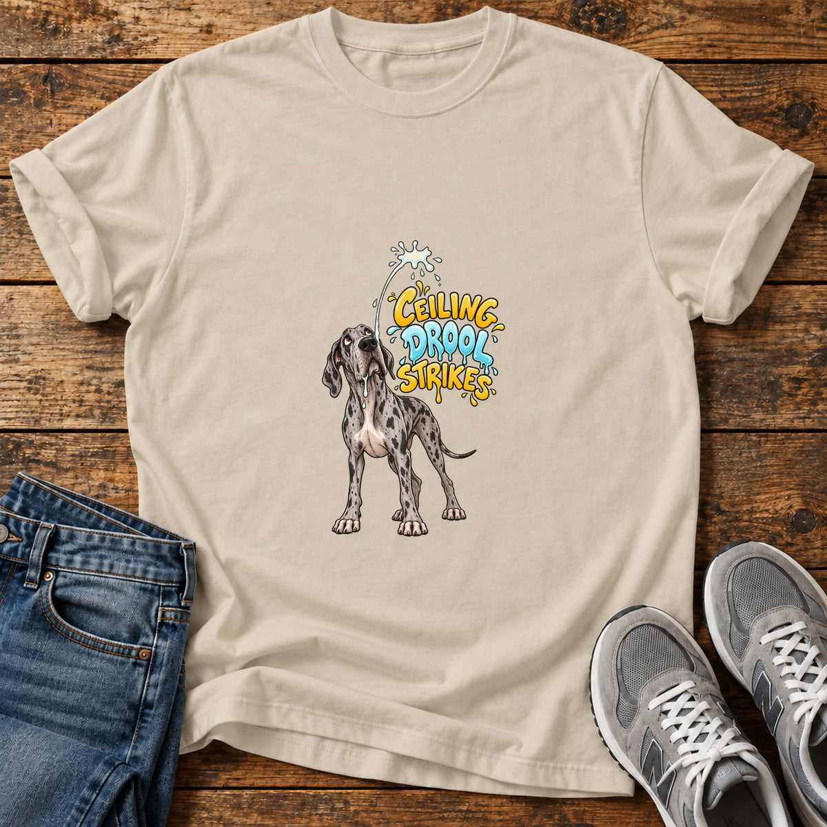 Ceiling Drool Strikes Great Dane graphic T-shirt in Sand, shown on a flat-lay shirt mockup