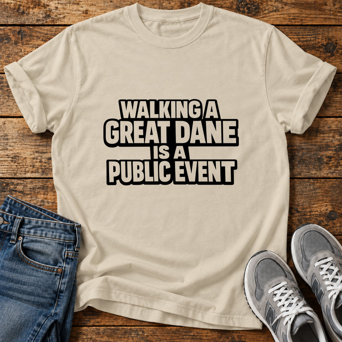 Great Dane Event graphic T-shirt in Sand, shown on a flat-lay shirt mockup