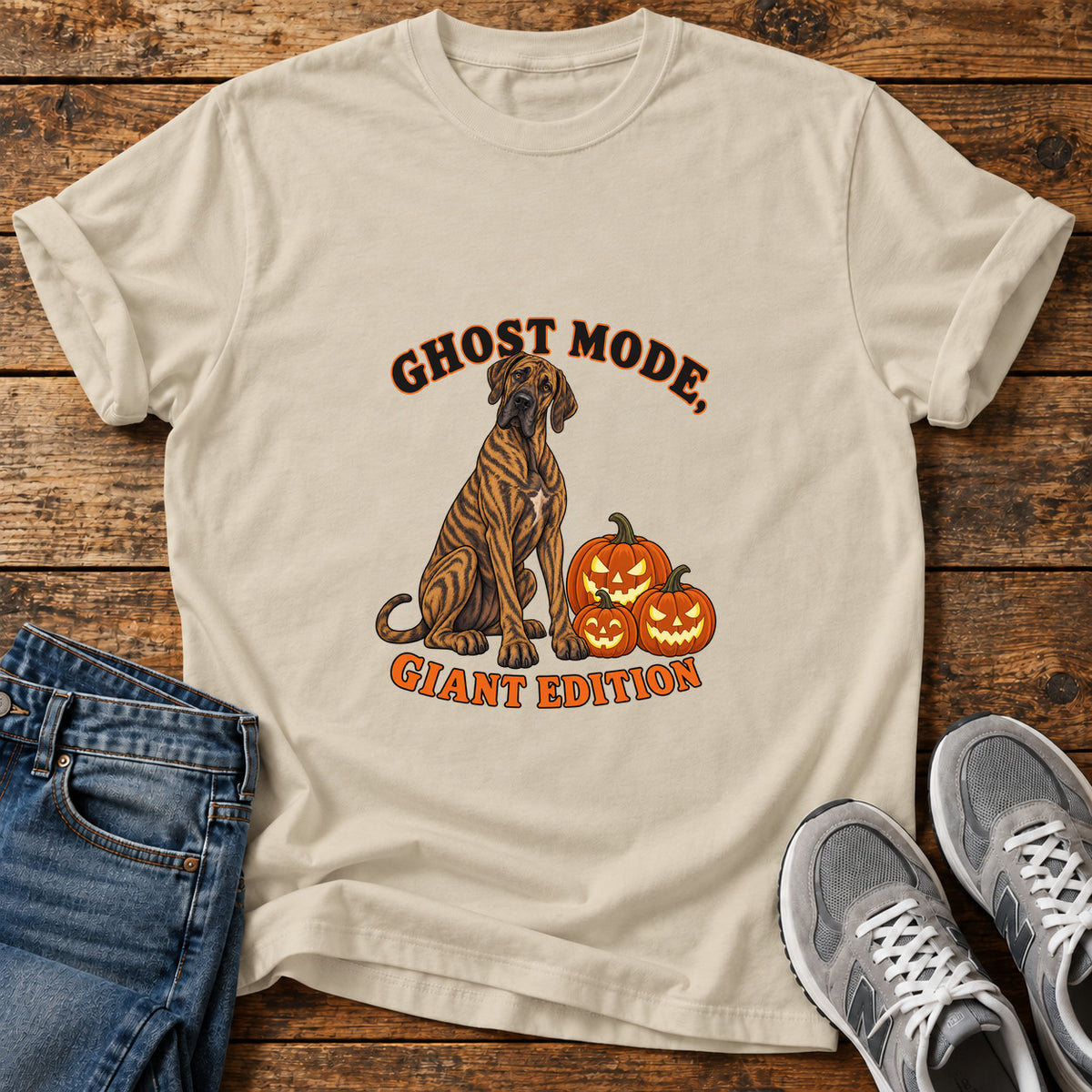 Ghost Mode Giant Great Dane graphic T-shirt in Sand, shown on a flat-lay shirt mockup