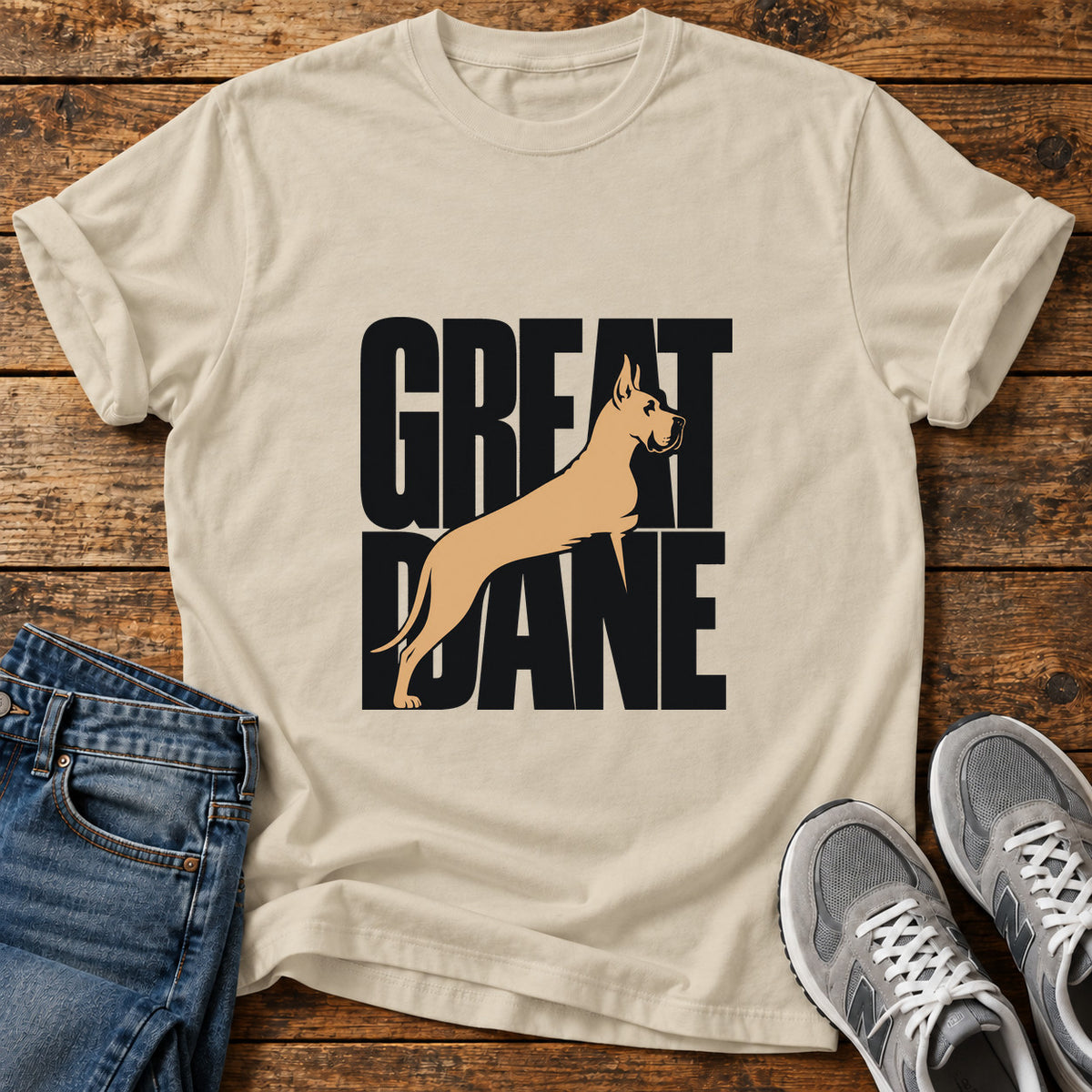 Great Dane Elegance graphic T-shirt in Sand, shown on a flat-lay shirt mockup