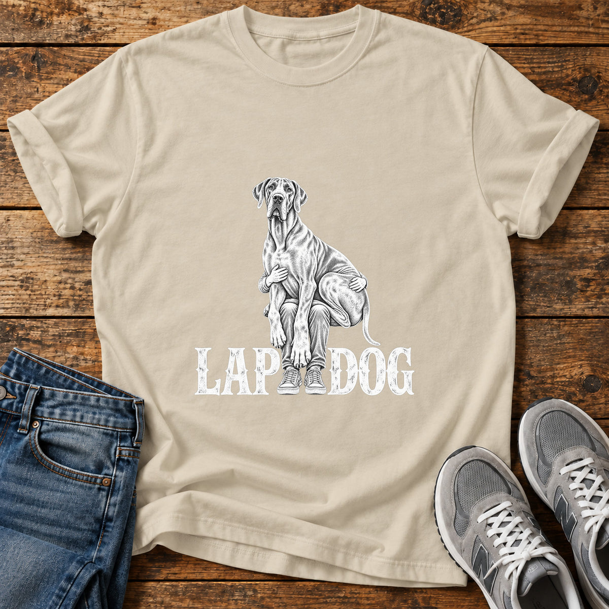 Lap Dog Great Dane graphic T-shirt in Sand, shown on a flat-lay shirt mockup