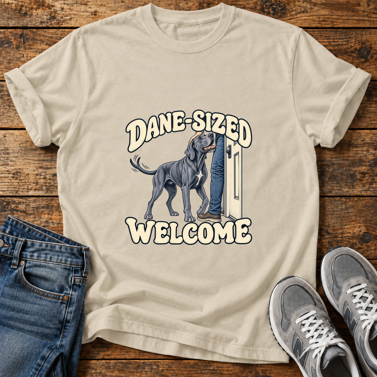 Dane-Sized Welcome Great Dane graphic T-shirt in Sand, shown on a flat-lay shirt mockup