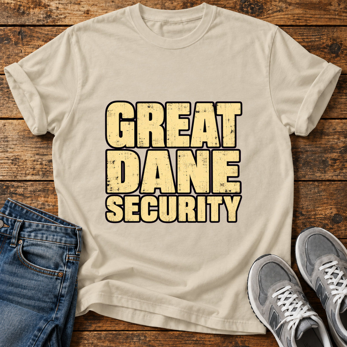 Great Dane Security graphic T-shirt in Sand, shown on a flat-lay shirt mockup