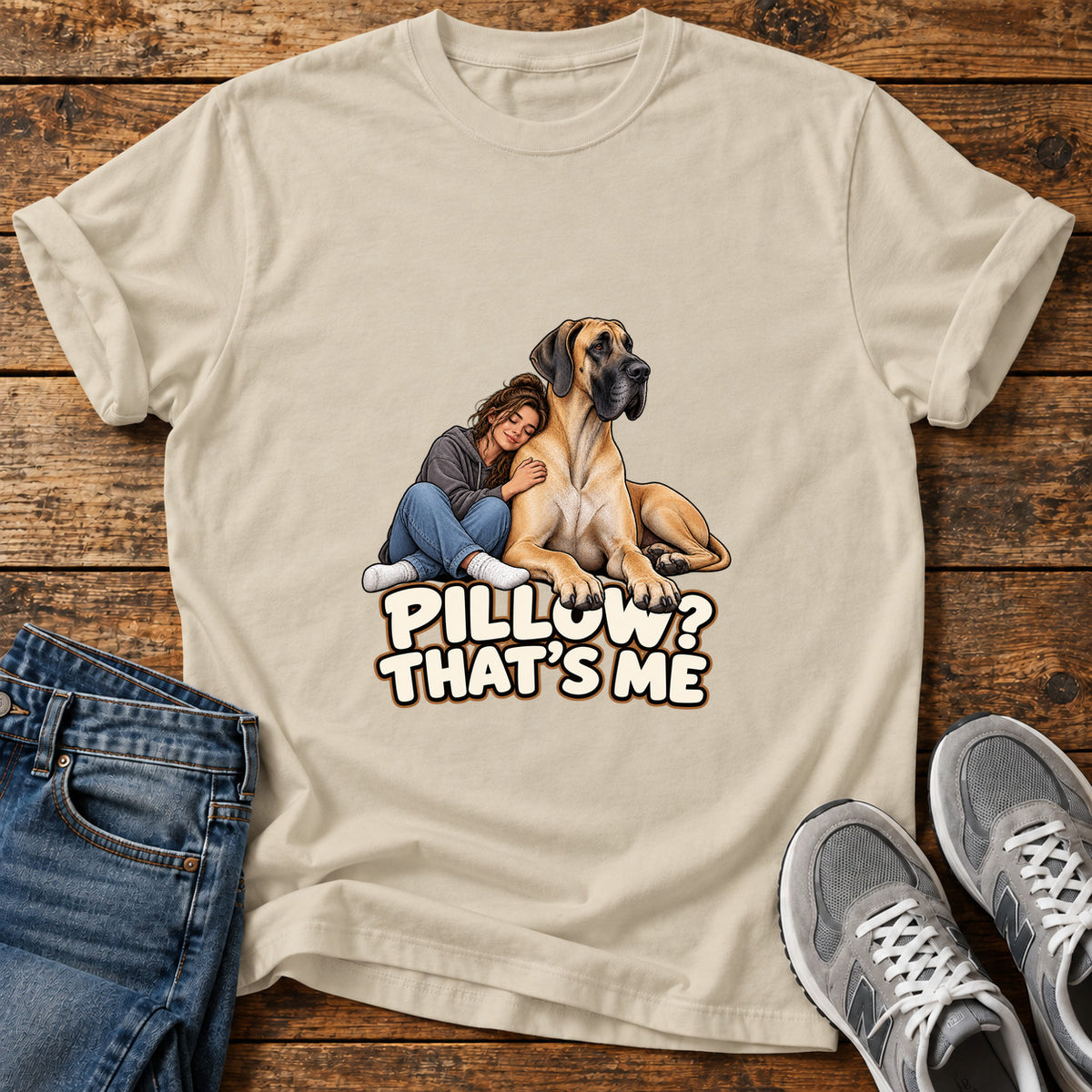 Pillow That's Me Great Dane graphic T-shirt in Sand, shown on a flat-lay shirt mockup