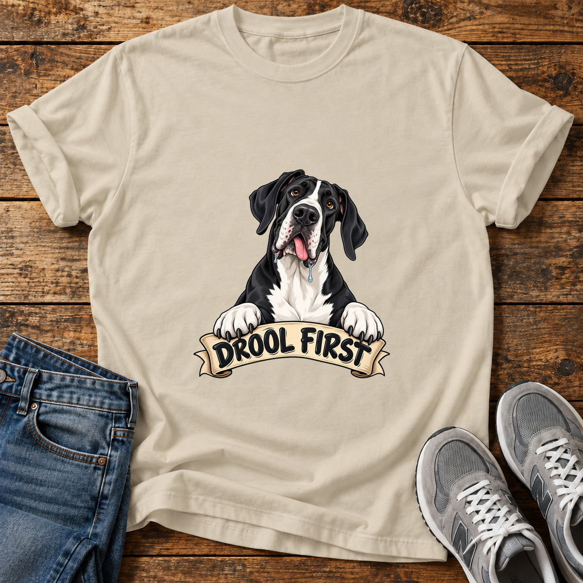 Drool First Great Dane graphic T-shirt in Sand, shown on a flat-lay shirt mockup
