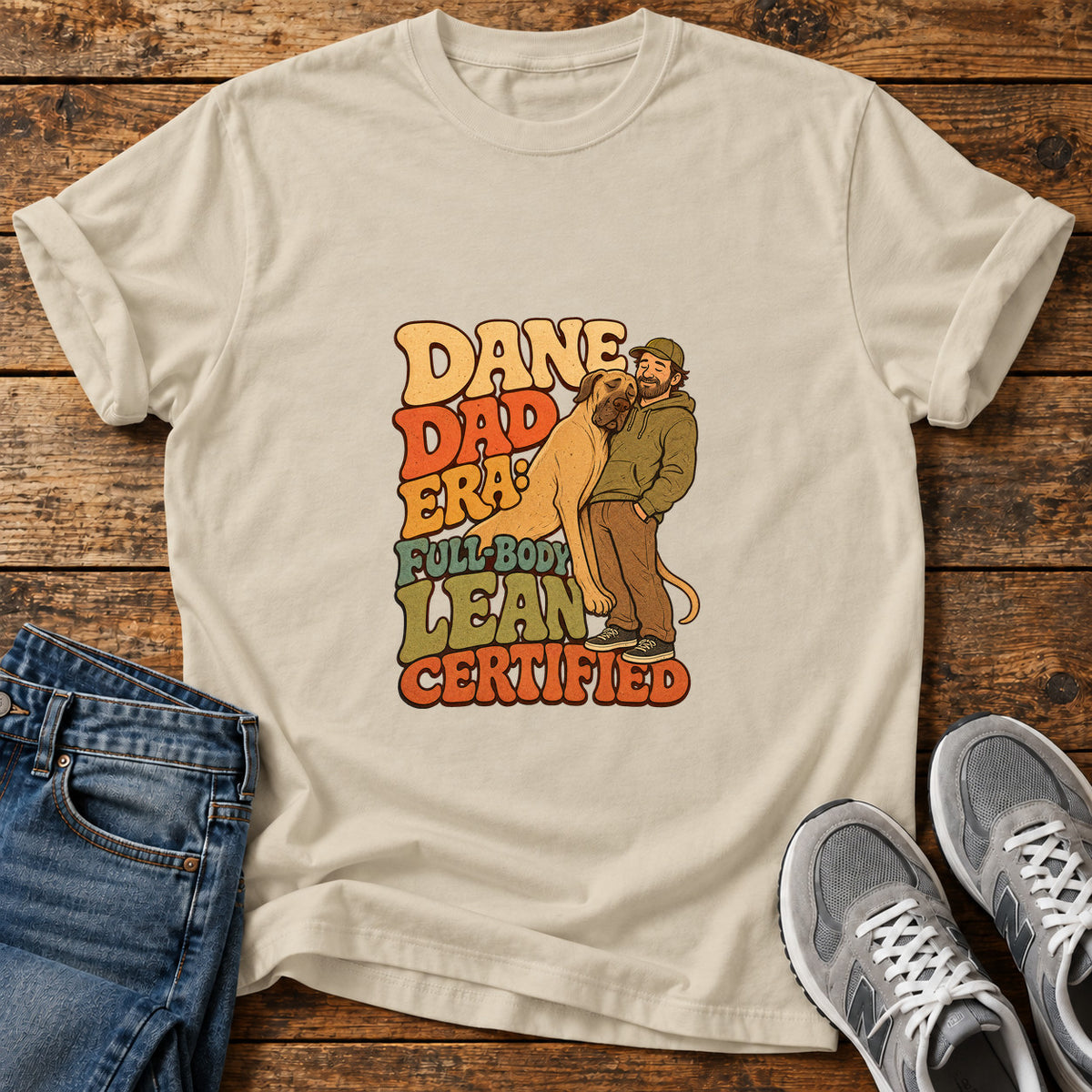 Dane Dad Certified Great Dane graphic T-shirt in Sand, shown on a flat-lay shirt mockup