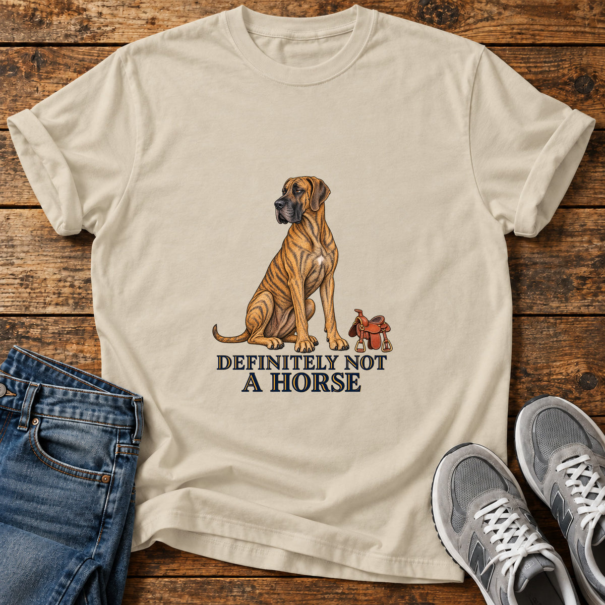 Definitely Not Horse Great Dane graphic T-shirt in Sand, shown on a flat-lay shirt mockup