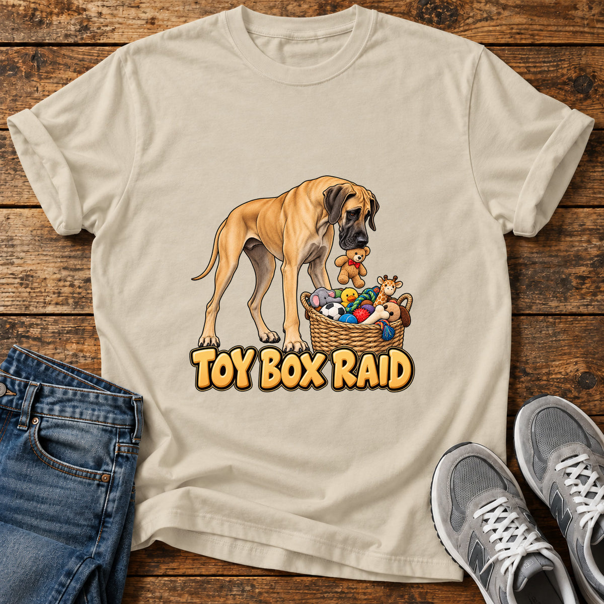 Toy Box Raid Great Dane graphic T-shirt in Sand, shown on a flat-lay shirt mockup