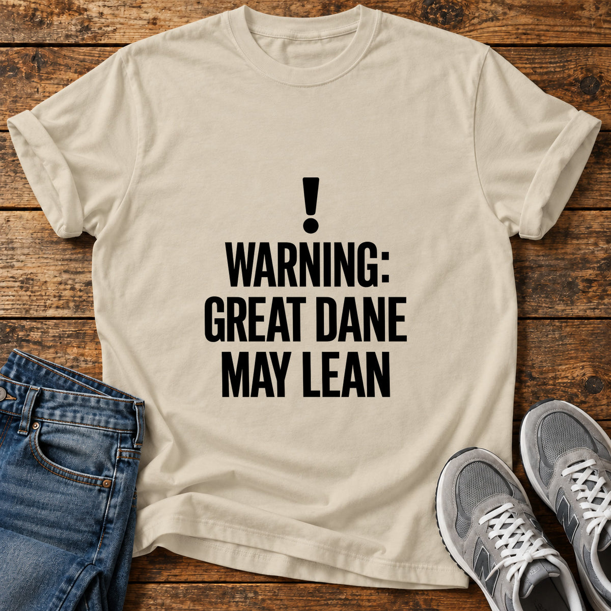 Great Dane Warning graphic T-shirt in Sand, shown on a flat-lay shirt mockup