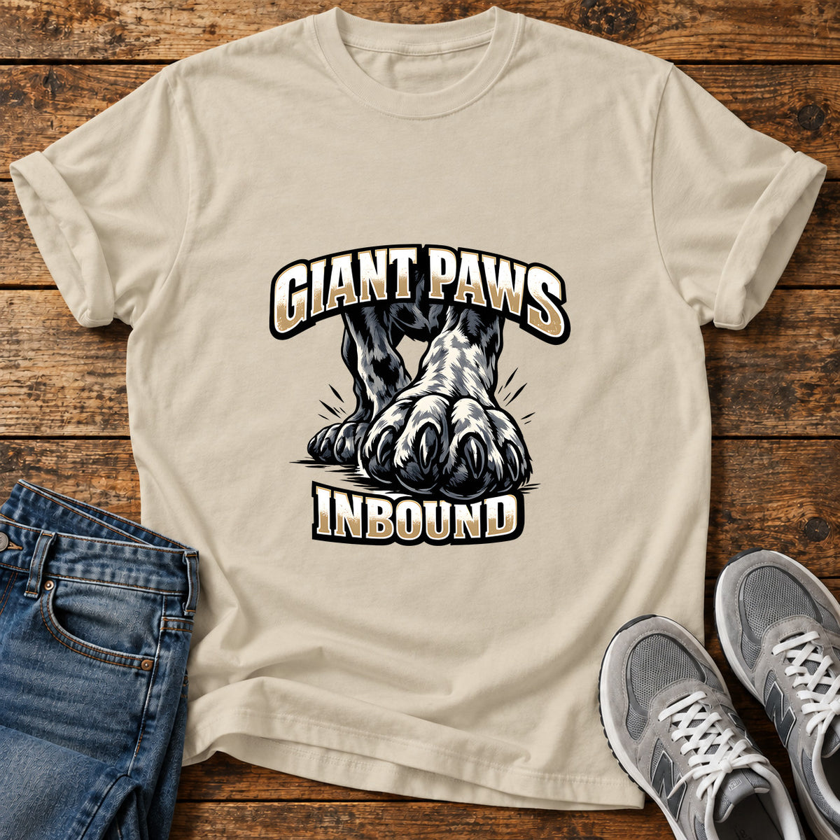 Giant Paws Inbound Great Dane graphic T-shirt in Sand, shown on a flat-lay shirt mockup