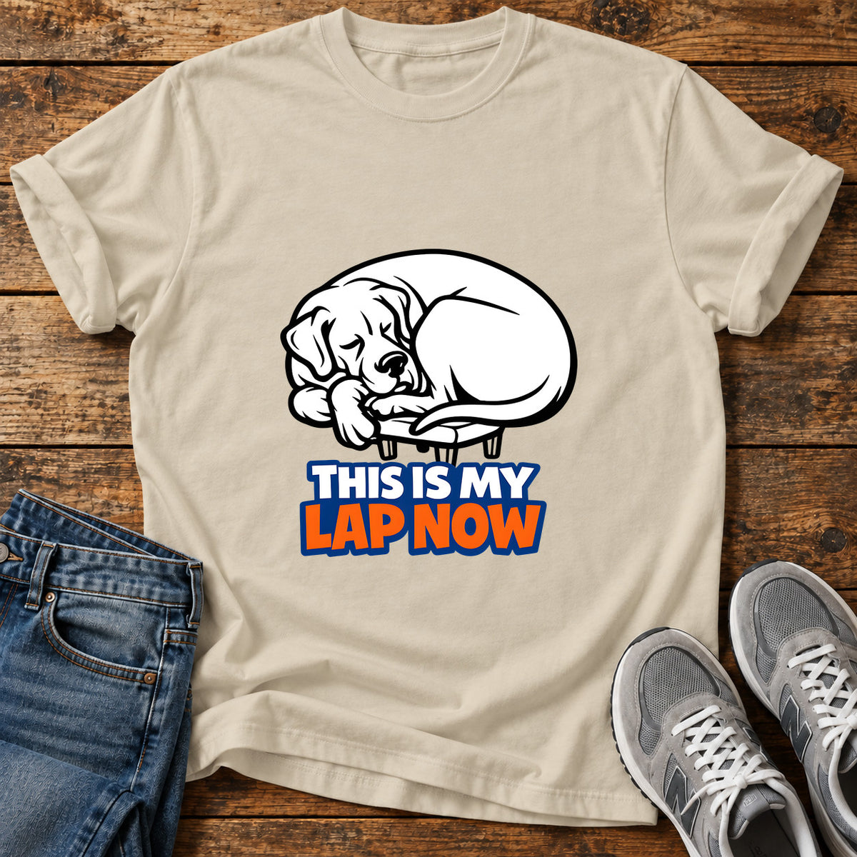 Lap Now Tee Great Dane graphic T-shirt in Sand, shown on a flat-lay shirt mockup