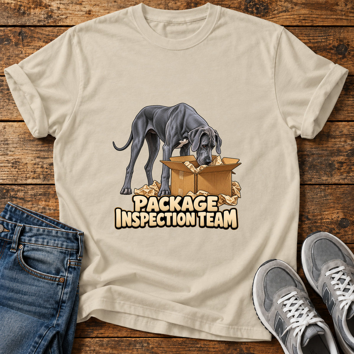 Package Dog Patrol Great Dane graphic T-shirt in Sand, shown on a flat-lay shirt mockup