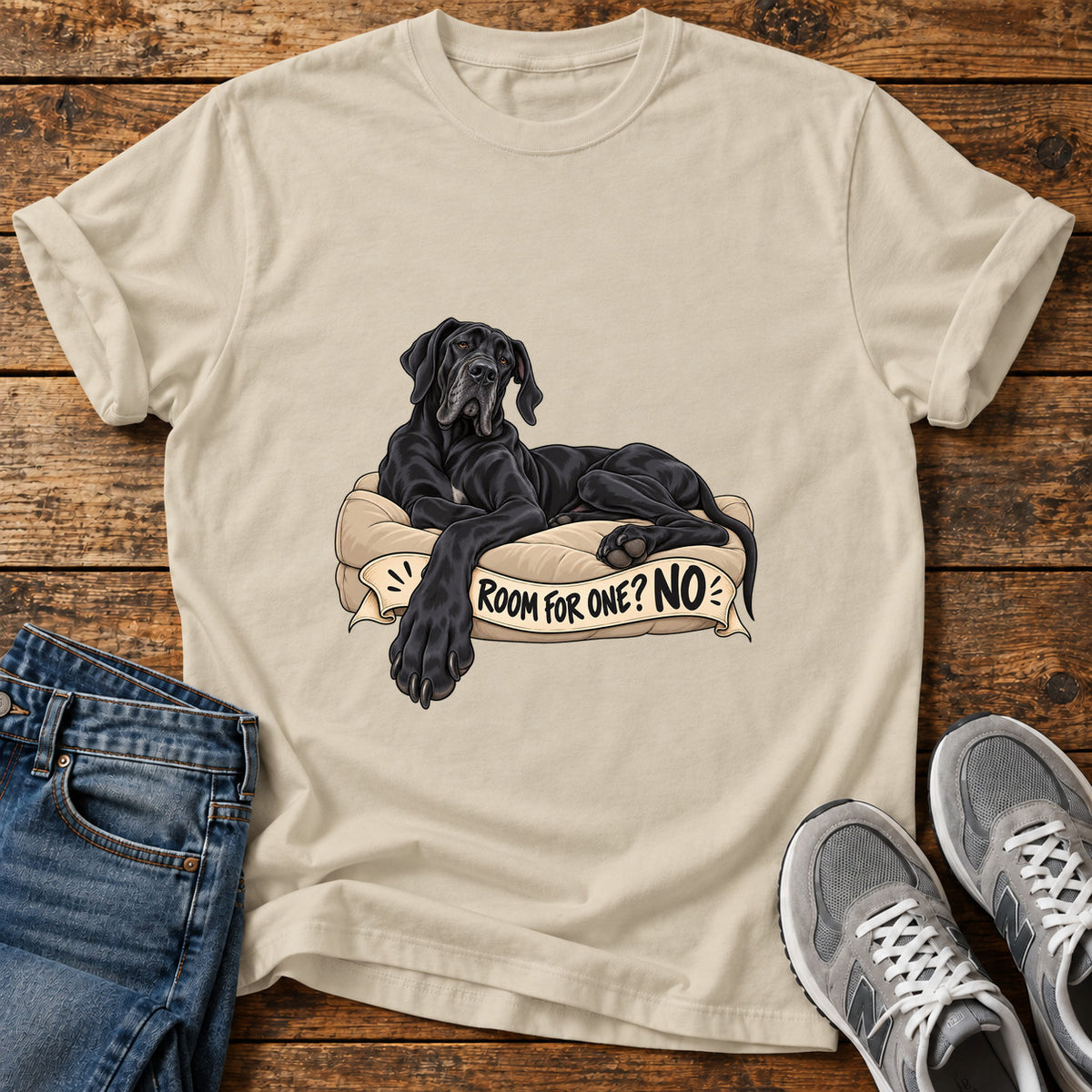 Room For One Great Dane graphic T-shirt in Sand, shown on a flat-lay shirt mockup