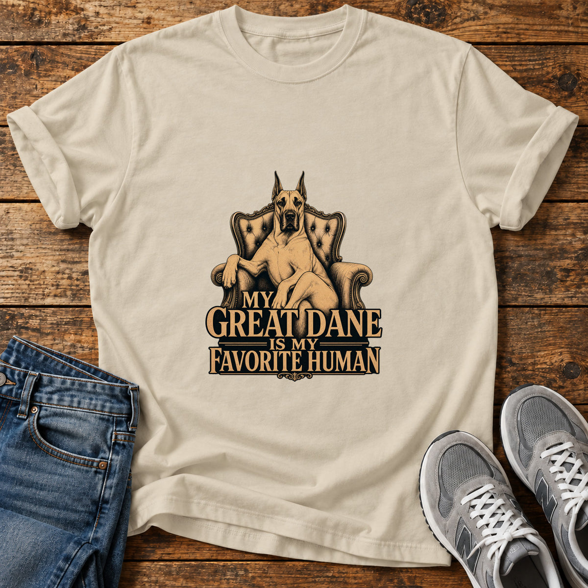 Great Dane Favorite graphic T-shirt in Sand, shown on a flat-lay shirt mockup