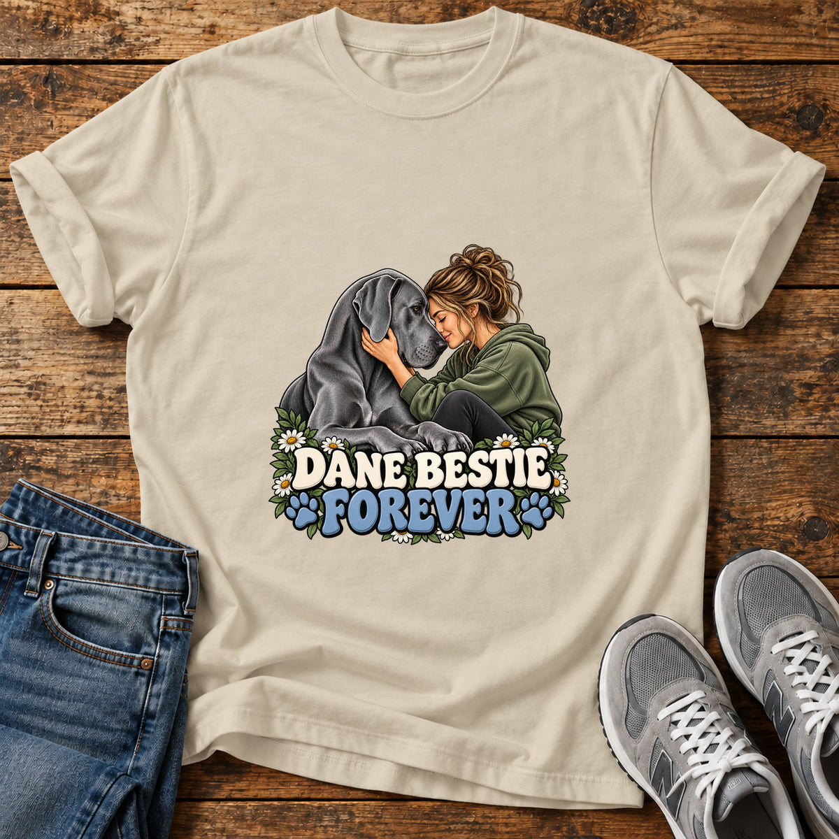 Dane Bestie Forever Great Dane graphic T-shirt in Sand, shown on a flat-lay shirt mockup