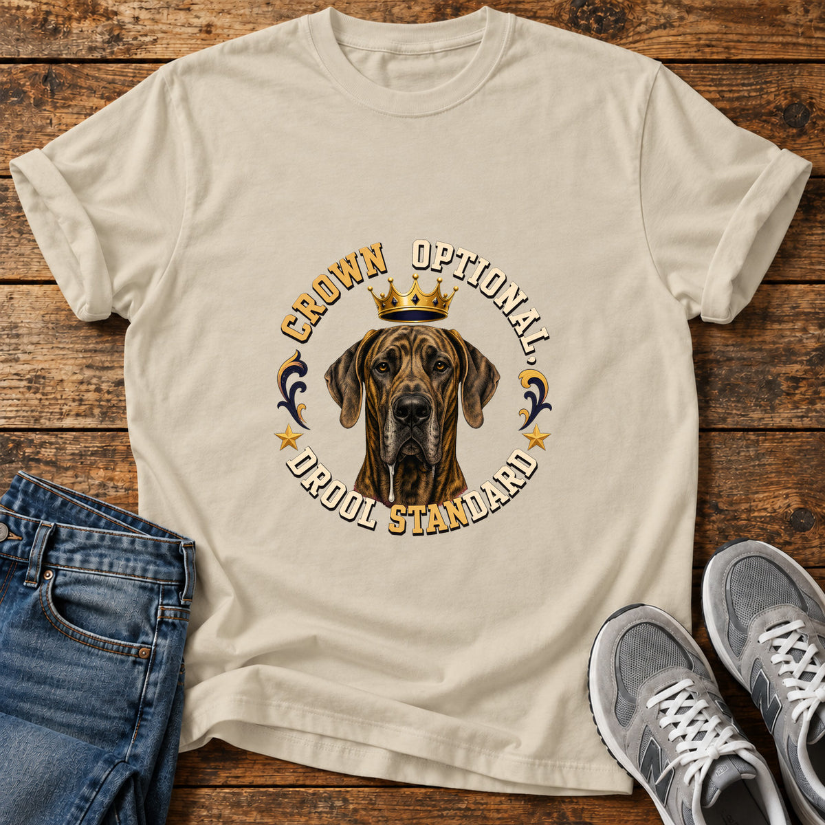 Crown Drool Standard Great Dane graphic T-shirt in Sand, shown on a flat-lay shirt mockup