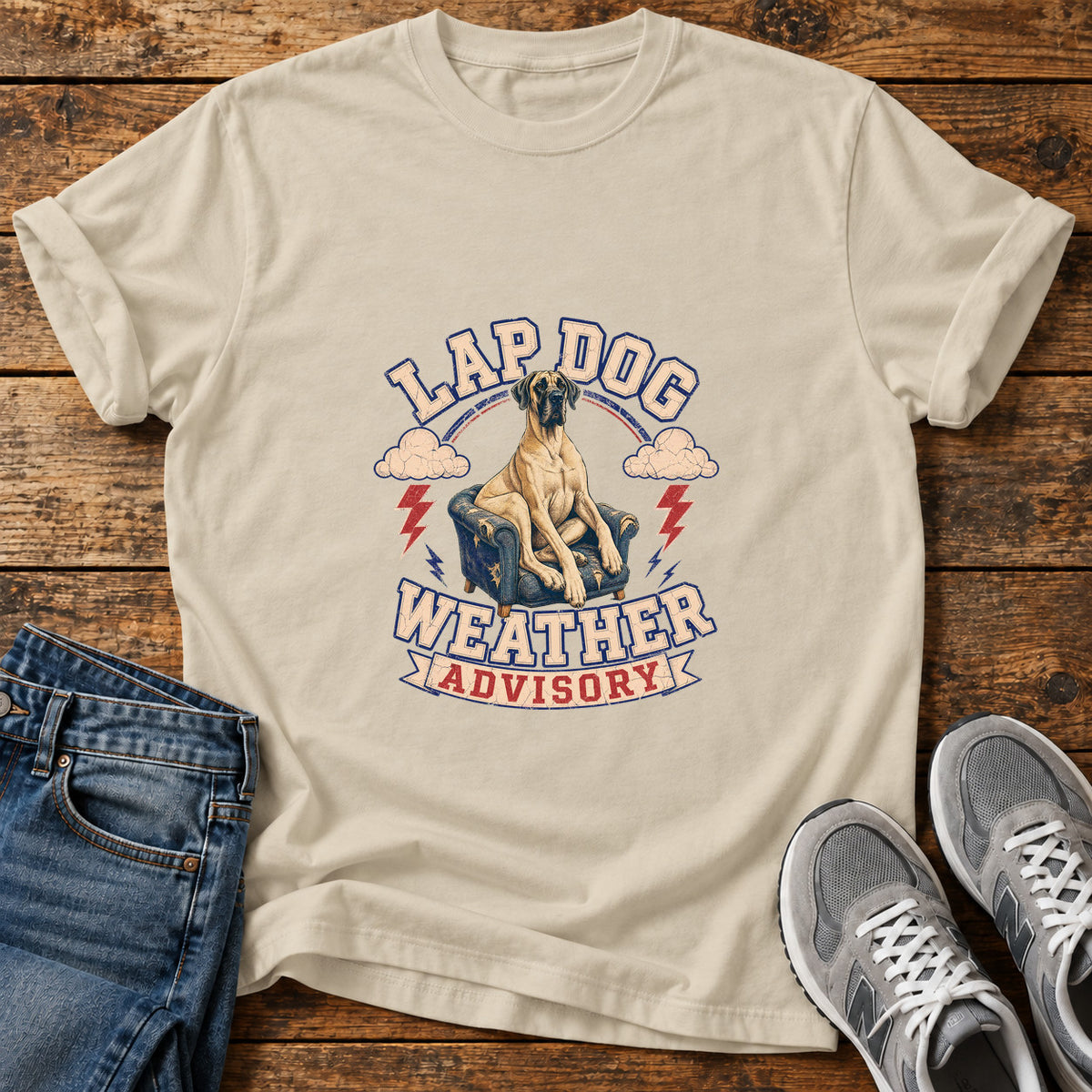 Lap Dog Advisory Great Dane graphic T-shirt in Sand, shown on a flat-lay shirt mockup