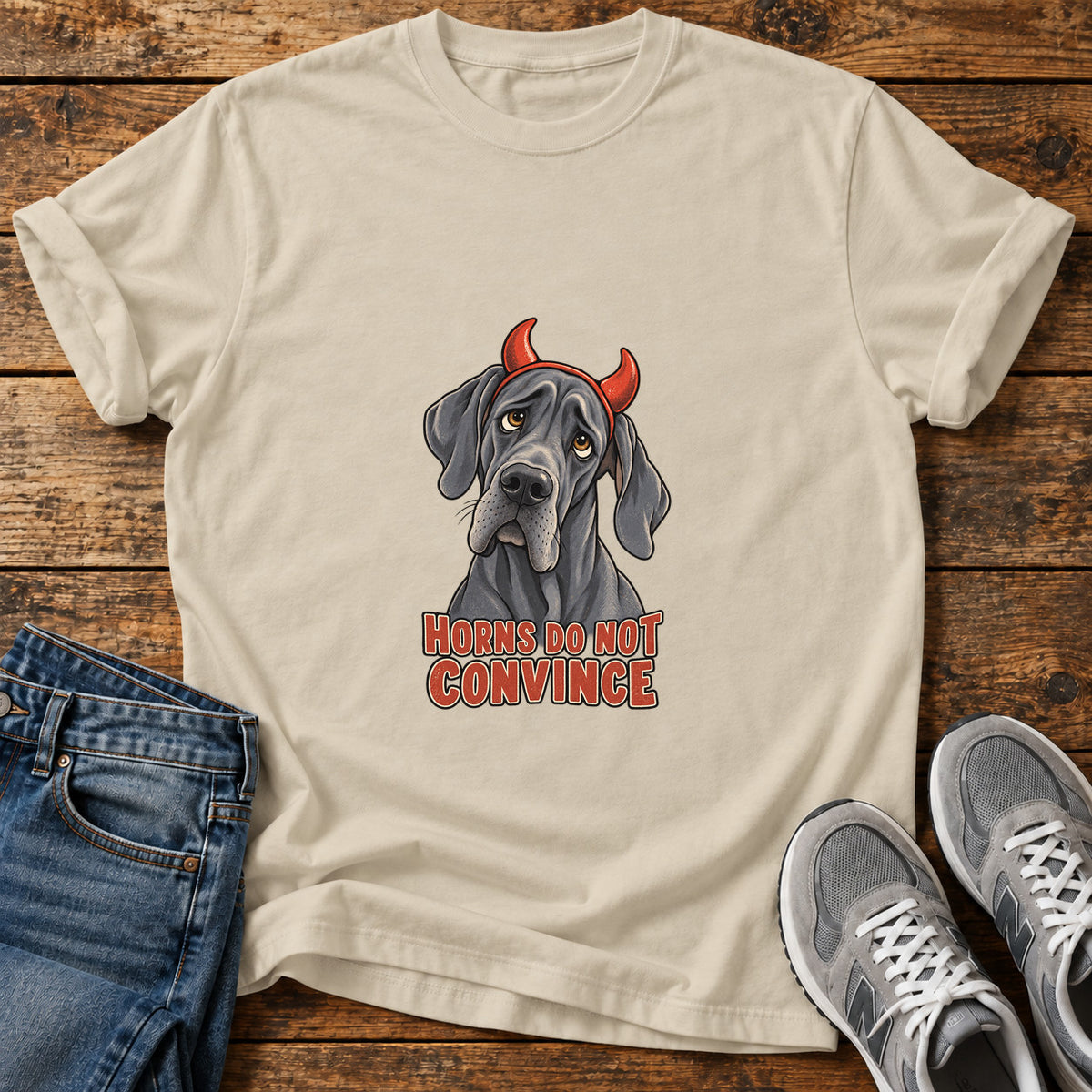 Horns Do Not Great Dane graphic T-shirt in Sand, shown on a flat-lay shirt mockup