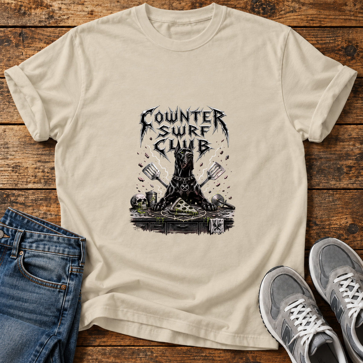 Counter Surf Club Great Dane graphic T-shirt in Sand, shown on a flat-lay shirt mockup