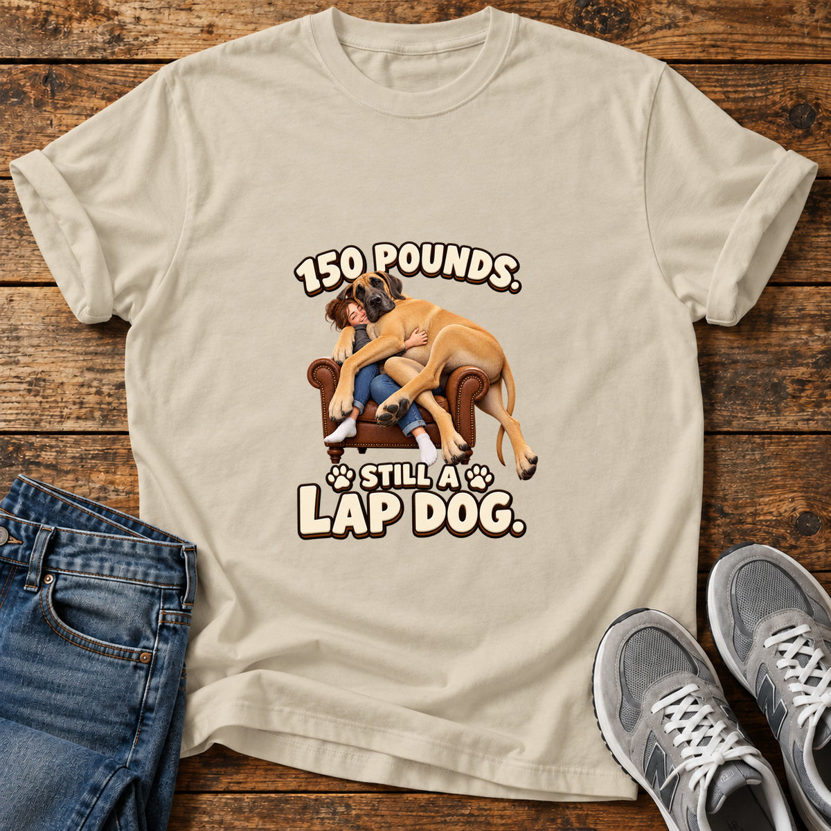 Lap Dog Life Great Dane graphic T-shirt in Sand, shown on a flat-lay shirt mockup
