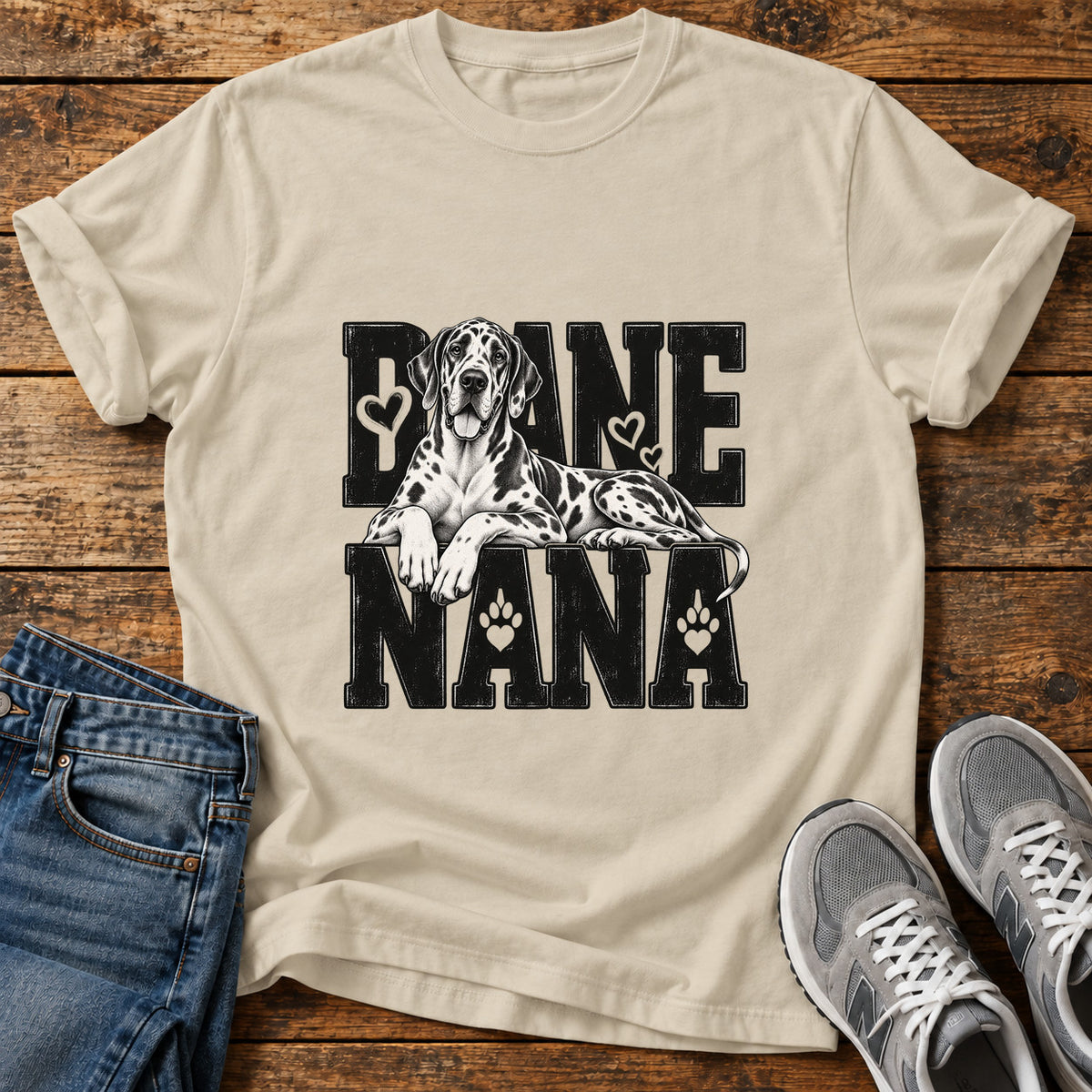 Dane Nana Great Dane graphic T-shirt in Sand, shown on a flat-lay shirt mockup