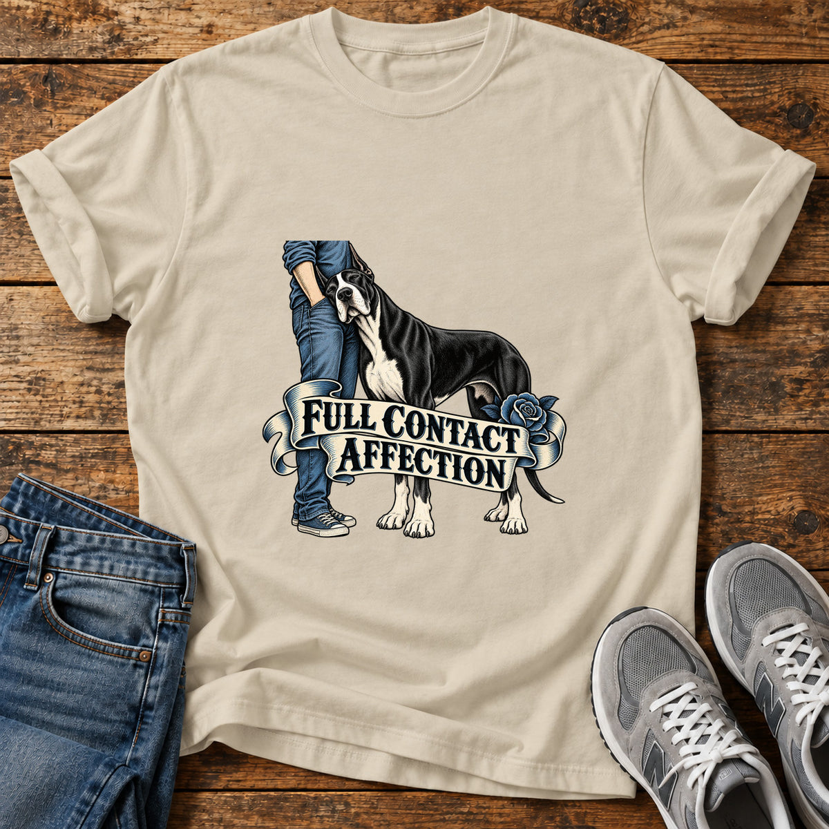 Full Contact Affection Great Dane graphic T-shirt in Sand, shown on a flat-lay shirt mockup