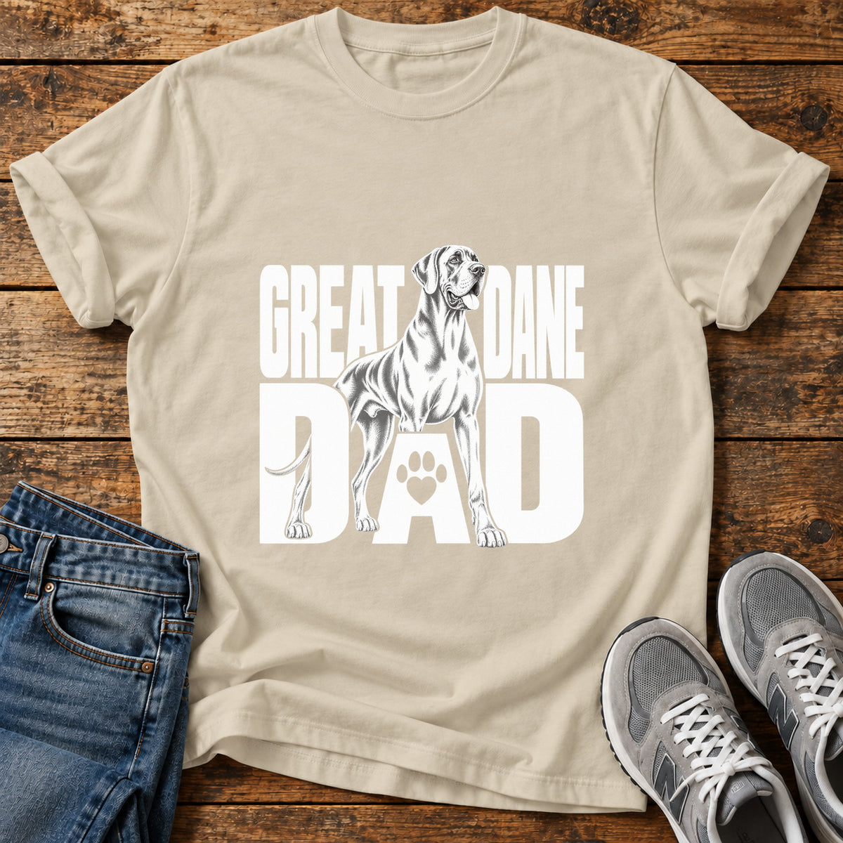 Great Dane Dad graphic T-shirt in Sand, shown on a flat-lay shirt mockup
