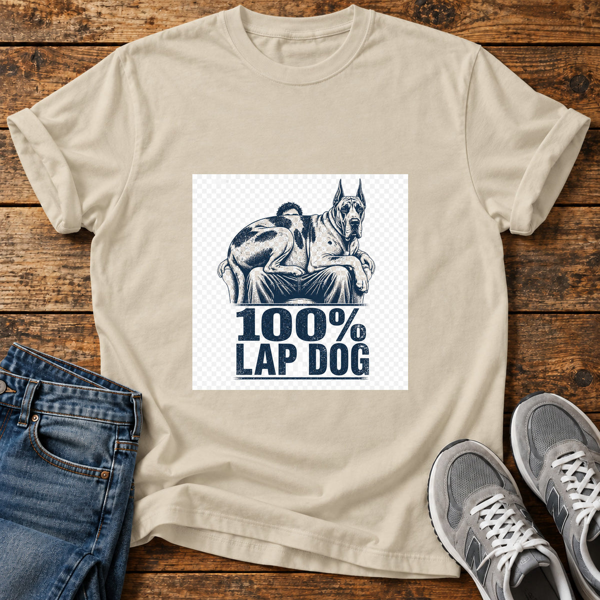 100% Lap Dog Great Dane graphic T-shirt in Sand, shown on a flat-lay shirt mockup