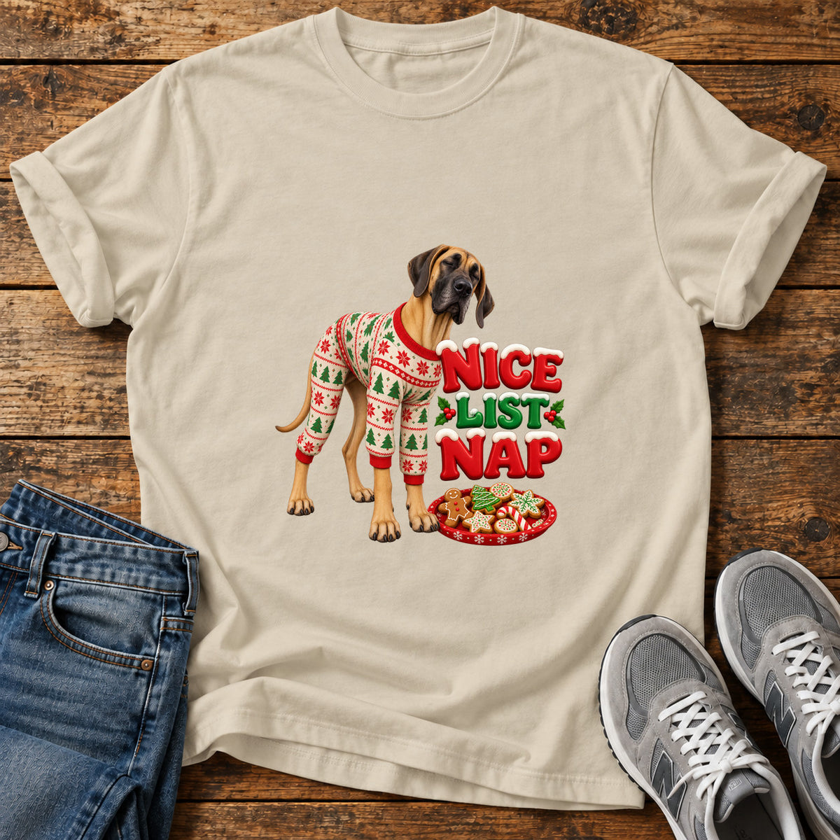 Nice List Nap Great Dane graphic T-shirt in Sand, shown on a flat-lay shirt mockup