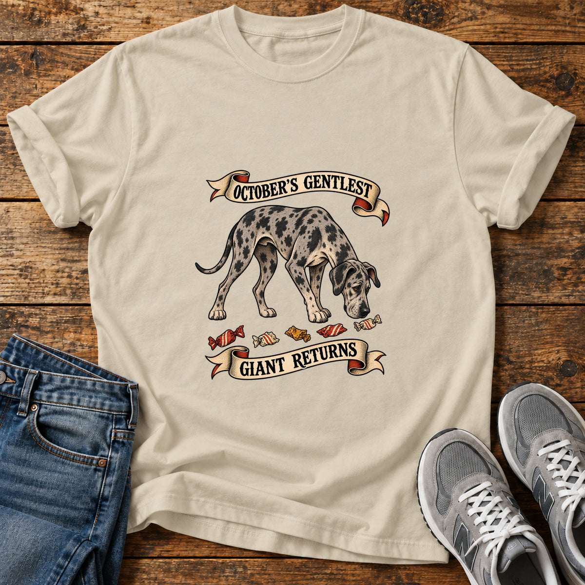 October's Gentlest Great Dane graphic T-shirt in Sand, shown on a flat-lay shirt mockup