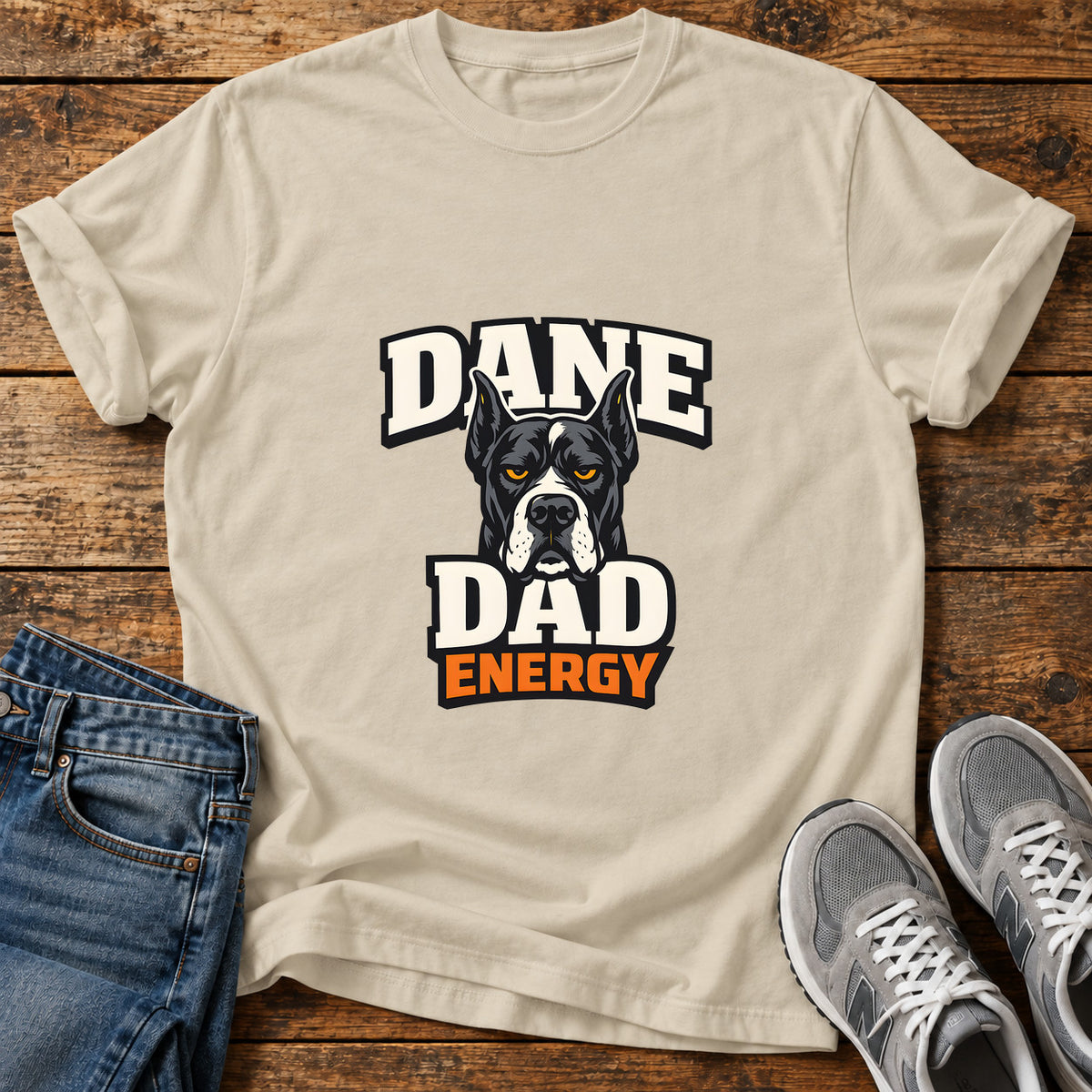Dane Dad Energy Great Dane graphic T-shirt in Sand, shown on a flat-lay shirt mockup