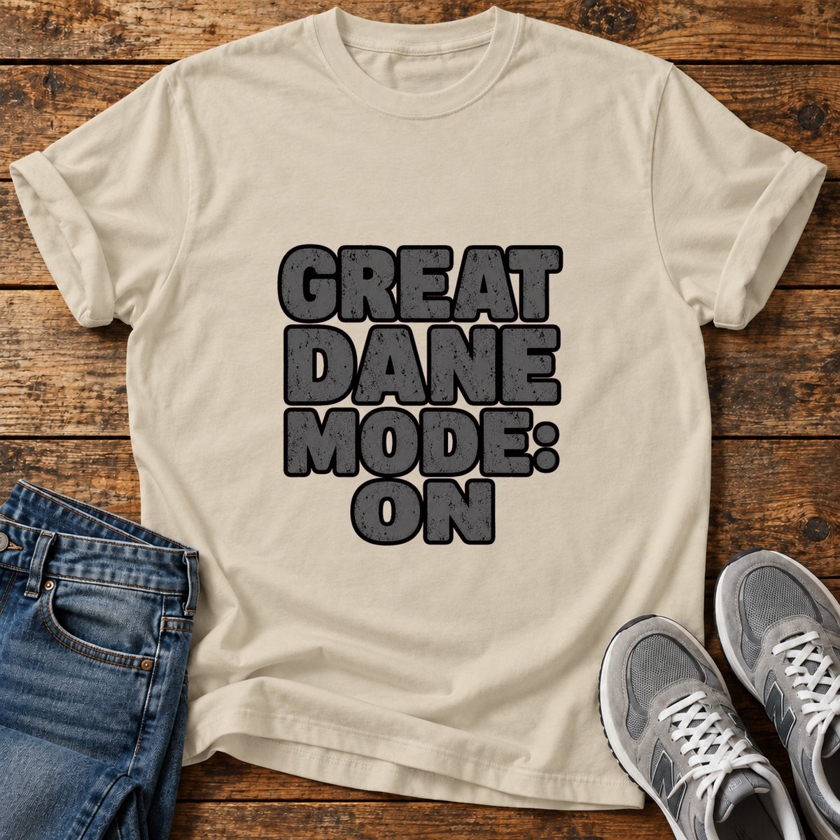 Great Dane Mode graphic T-shirt in Sand, shown on a flat-lay shirt mockup