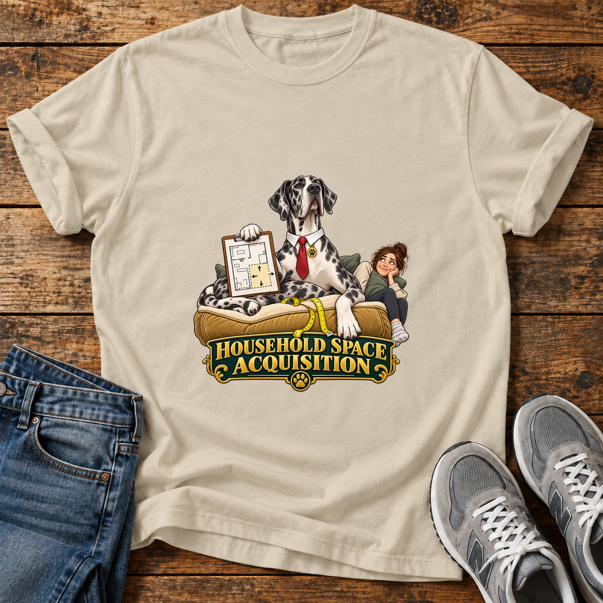 Household Space Great Dane graphic T-shirt in Sand, shown on a flat-lay shirt mockup