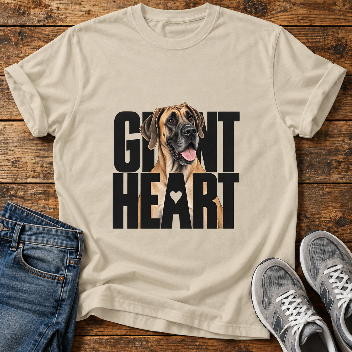 Giant Heart Great Dane graphic T-shirt in Sand, shown on a flat-lay shirt mockup