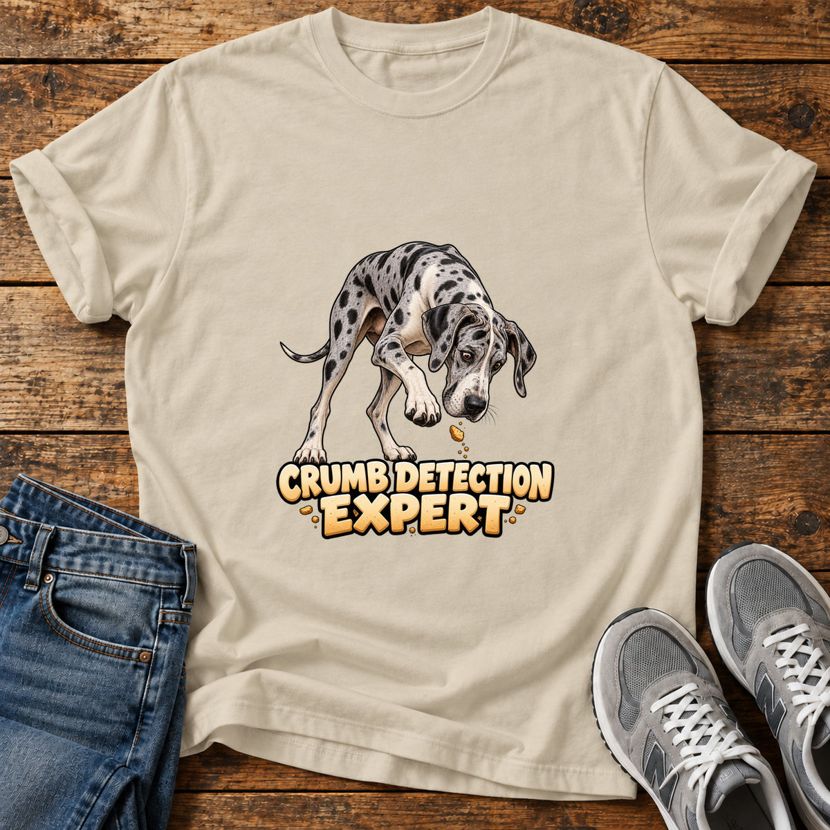 Crumb Detection Expert Great Dane graphic T-shirt in Sand, shown on a flat-lay shirt mockup