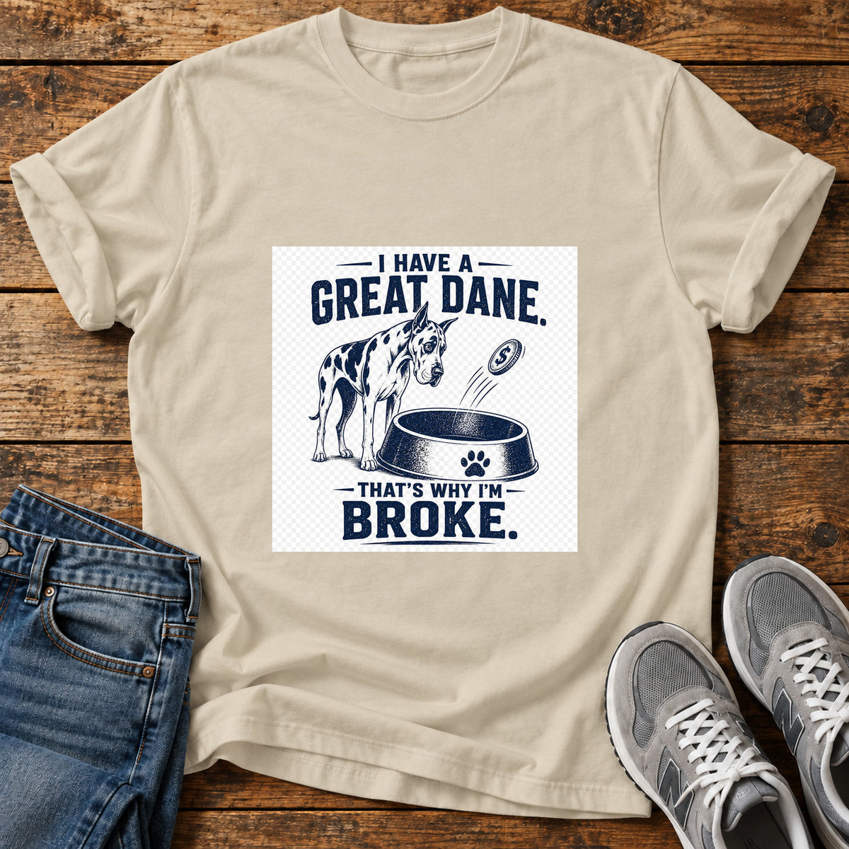 Great Dane Broke graphic T-shirt in Sand, shown on a flat-lay shirt mockup
