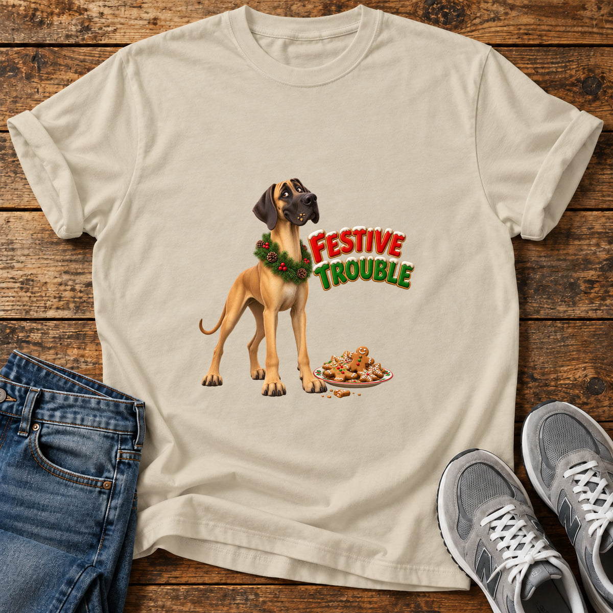 Festive Trouble Great Dane graphic T-shirt in Sand, shown on a flat-lay shirt mockup