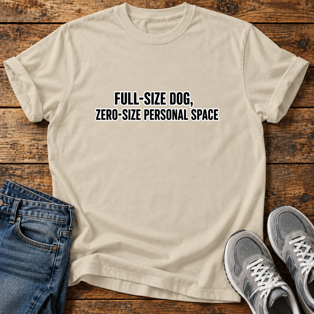 Full-Size Dog Great Dane graphic T-shirt in Sand, shown on a flat-lay shirt mockup
